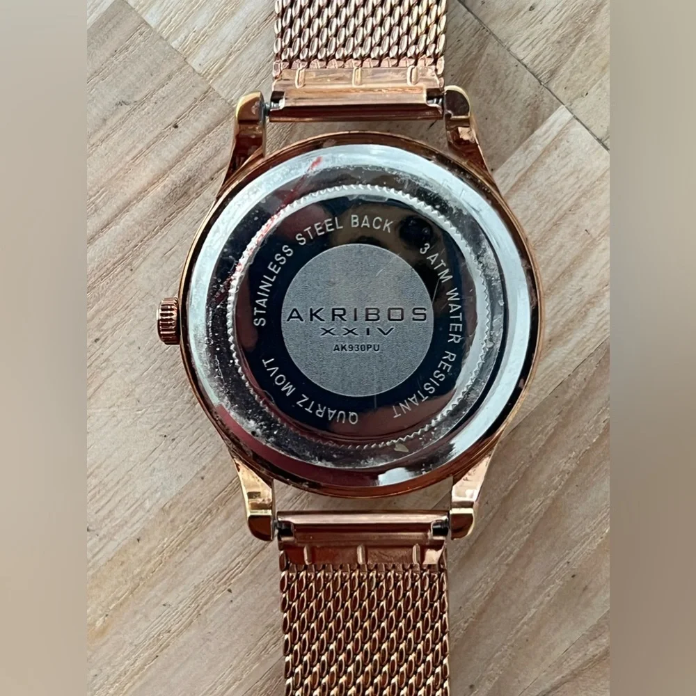 AKRIBOS XXIV Ladies Watch Rose Gold Mesh Bracelet Purple Dial Date Window